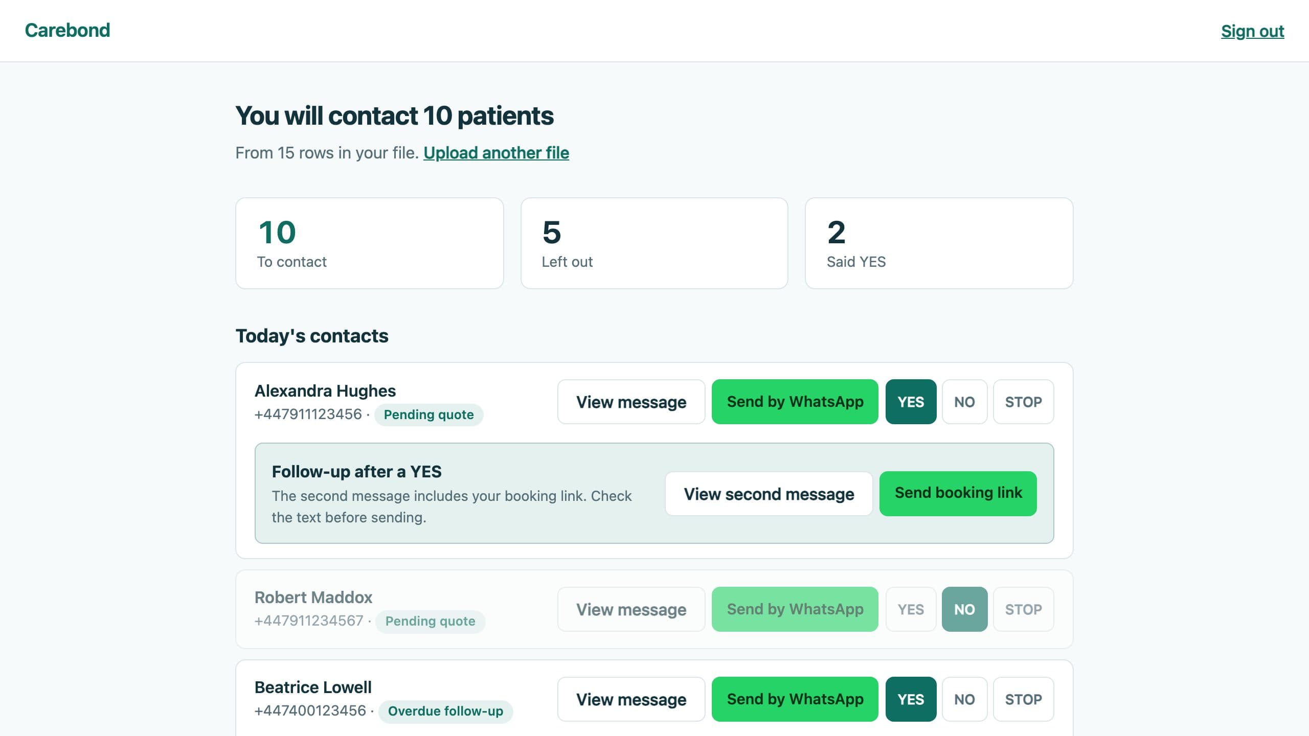 Recording YES, NO and STOP replies in Carebond