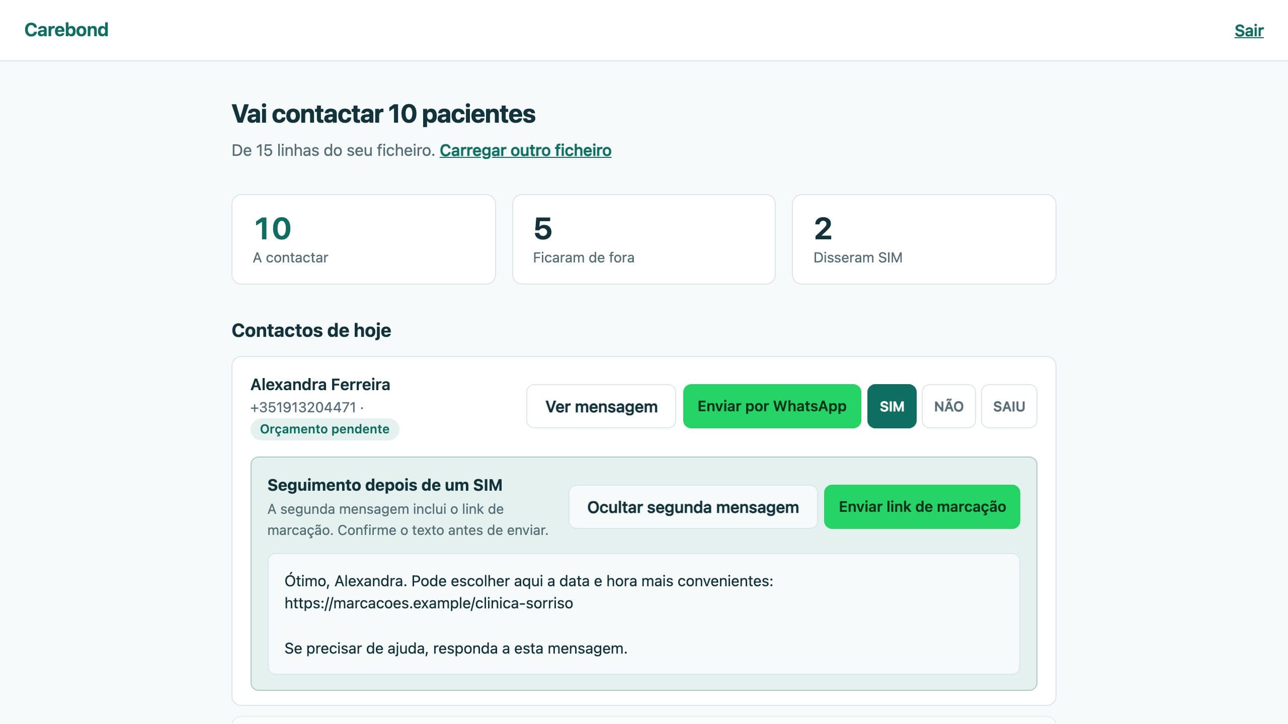 Segunda mensagem do Carebond com o link de marcação da clínica